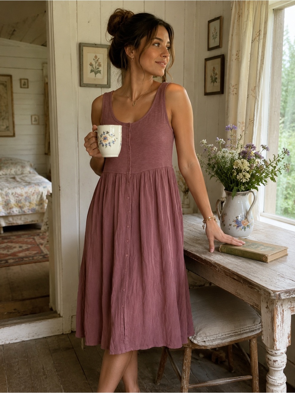 Frye Dusty Rose Button Front Midi Dress Size M Cottagecore Boho